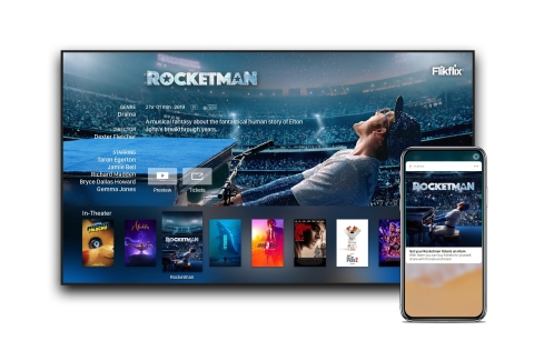 With the Flikflix® App for Apple TV, in-theater movies will leap to a viewer’s Apple device to discover showtimes and buy tickets. (Graphic: Business Wire)