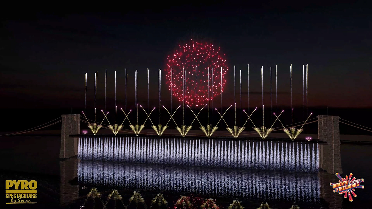 The world-famous Brooklyn Bridge will be the centerpiece for the 2019 Macy's 4th of July Fireworks celebrating classic American Cinema. A 3D model demonstrates the opening scene of the show which represents an unfolding silver screen.