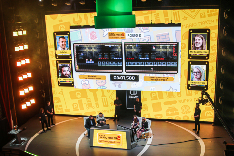 In this photo provided by Nintendo of America, The Completionist, AbdallahSmash026, thedragonfeeney and YellowKillerBee compete in a Super Mario Maker 2 course custom-made by Nintendo’s Treehouse as part of the Super Mario Maker 2 Invitational 2019 at the Theatre at the Ace Hotel in Los Angeles. The Super Mario Maker 2 game is available for the Nintendo Switch system beginning on June 28, 2019. (Photo: Business Wire)