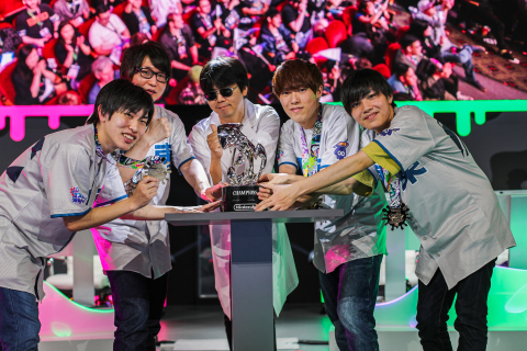 In this photo provided by Nintendo of America, Hisashi Nogami, Producer of the Splatoon 2 game, celebrates with GGBOYZ from Japan on winning the Splatoon 2 World Championship 2019 on Saturday, June 8, 2019, at the Theatre at the Ace Hotel in Los Angeles. (Photo: Business Wire)