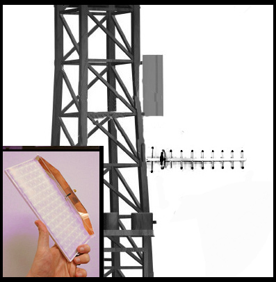 Fractal Antenna Systems' breakthrough metablade(TM) antenna technology gives directional needs, new options, and applications. A tower mount comparison to a Yagi antenna. Inset shows a WiFi metablade(TM) with inside cut away. Patent pending. (Photo: Business Wire)