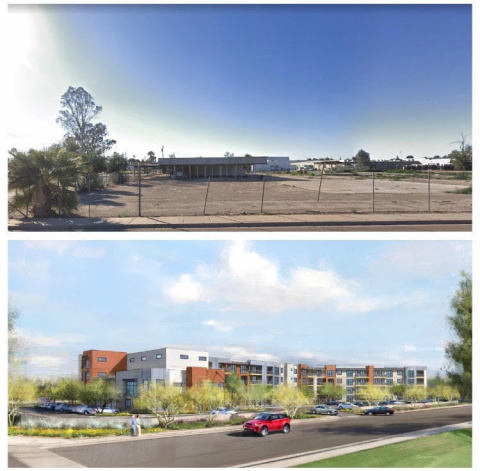 Above: The current infill lot of 1980 East Broadway Rd. Below: A rendering of Virtua Partner's completed project (Photo: Business Wire)