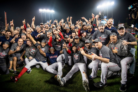 Members of the Boston Red Sox pose after winning the 2018 World Series in game five against the Los Angeles Dodgers on October 28, 2018 at Dodger Stadium in Los Angeles, California. (Photo by Billie Weiss/Boston Red Sox/Getty Images)