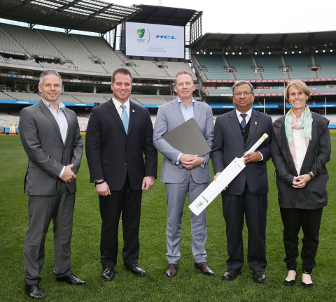 HCL Technologies and Cricket Australia exchanging mementos to announce digital partnership. Standing left to right: Brad Hodge, former Australian international cricketer, & current cricket coach; Arthur Fillip, Executive Vice President - Sales Transformation & Marketing; Kevin Roberts, CEO, Cricket Australia; Swapan Johri, Corporate Vice President & Head - Asia/Pacific & Middle East Business; Belinda Clarke, Executive General Manager, Community Cricket & former captain of the Australian Women's Cricket Team (Photo: Business Wire)
