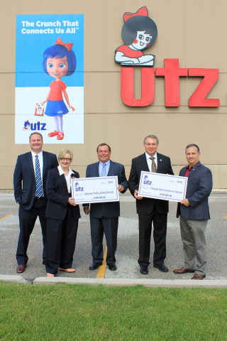 Featured in the photo, left to right: Marc Abels, Assistant Principal, Hanover Senior High School; Traci Burch, Chief Human Capital Officer & Counsel, Utz Quality Foods; Dr. John Scola, Superintendent, Hanover School District; Dr. Russell Greenholt, Superintendent, Conewago Valley School District; Kevin Gulden, Area Vice President, Manufacturing, Utz Quality Foods. (Source: Utz Quality Foods)