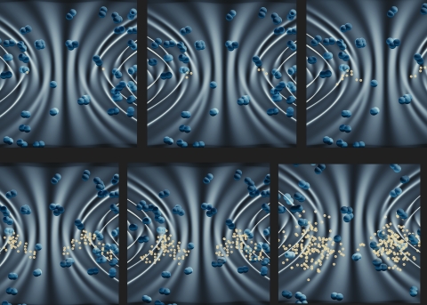 Artistic rendering of the avalanche process. Initial electrons present in the laser focus (black/white background) are accelerated and gain sufficient energy to liberate electrons from neutral air molecules (shown in blue). With time, the process repeats in a cascade, leading to a breakdown spark with many free electrons in the vicinity of each seed electron. Credit: E. Edwards/JQI