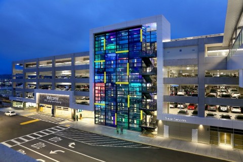 (Cesar Rubio Photos) The lighting installation in the long-term parking garage at San Francisco International Airport, designed by artist Johanna Grawunder (https://www.grawunder.com), titled Coding, uses a range of Traxon lighting technologies to create a subtle light show that is visible throughout the day and night, and uses the building’s existing steel beams and mirrored windows to suggest dots and dashes, ultimately spelling “San Francisco” in Morse code.