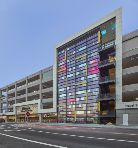 (Cesar Rubio Photos) The lighting installation in the long-term parking garage at San Francisco International Airport, designed by artist Johanna Grawunder (https://www.grawunder.com), titled Coding, uses a range of Traxon lighting technologies to create a subtle light show that is visible throughout the day and night, and uses the building’s existing steel beams and mirrored windows to suggest dots and dashes, ultimately spelling “San Francisco” in Morse code.