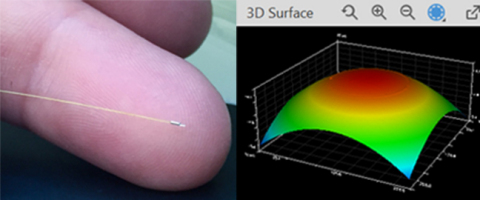 An optical pressure sensor (~0.25mm diameter) attached to fibre with protective metal housing (left); and optical interferometer image (right) showing 3D radius of curvature (Photo: Business Wire)