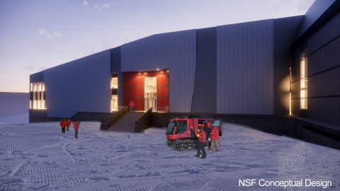 An archival conceptual design of the main entrance to the central services facility to be built in McMurdo as part of the Antarctic Infrastructure Modernization for Science (AIMS) [future.usap.gov] effort. Subsequent design refinements are expected to replace, and may already have superseded, this concept. (Photo: Business Wire)