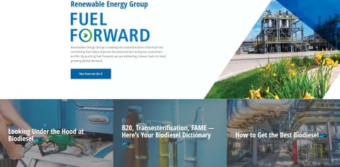 Renewable Energy Group’s new website homepage serves as a source for educational, product and technical information on cleaner fuels. (Photo: Business Wire)
