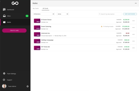 The Wallet in Tradeshift Go empowers budget owners with line-item detail of user transactions and management controls to deactivate virtual cards that are no longer needed. (Graphic: Business Wire)