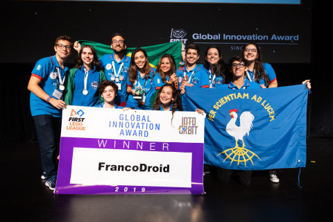 FIRST LEGO League team FrancoDroid from Rio de Janeiro, Brazil, received the Global Innovation Award for their innovative solution for long-duration space travel that helps make space travel more accessible for women. (Photo: Business Wire)