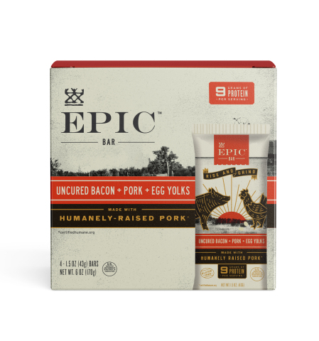 EPIC Provisions Rise & GrindTM Bars are made with organic egg yolks from Pete and Gerry's Organic Eggs, humanely raised pork, and chicken raised without antibiotics. Available in Bacon + Egg Yolks, and Chicken + Egg Yolks + Apple. EPIC Rise & Grind bars are both gluten-free and paleo-friendly. (Photo: General Mills)