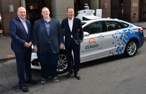 Ford President and CEO Jim Hackett, Argo AI CEO Bryan Salesky and Volkswagen CEO Dr. Herbert Diess announced Volkswagen is joining Ford in investing in Argo AI, the autonomous vehicle technology platform company. (Photo: Business Wire)