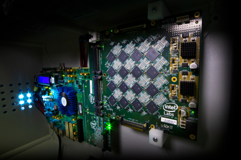 One of Intel’s Nahuku boards, each of which contains 8 to 32 Intel Loihi neuromorphic chips, shown here interfaced to an Intel Arria 10 FPGA development kit. Intel’s latest neuromorphic system, Poihoiki Beach, announced in July 2019, is made up of multiple Nahuku boards and contains 64 Loihi chips. Pohoiki Beach was introduced in July 2019. (Credit: Tim Herman/Intel Corporation)