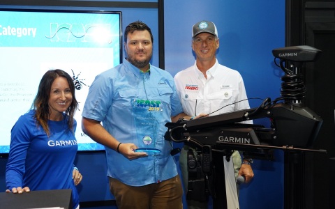 Garmin prevails at the fishing industry's most prestigious tradeshow, winning the 2019 ICAST Best of Show title with its new Force trolling motor. Left to right: Carly Hysell, Garmin PR Manager, David Dunn, Garmin Director of Marine Sales; and Glenn Hughes, ASA President. (Photo: Business Wire)