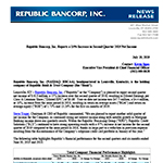 Republic Bancorp, Inc. Reports a 15% Increase in Second Quarter 2019 Net Income