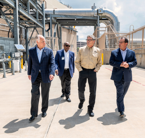 Secretary of Energy Rick Perry, second from right, toured Thermal Energy Corporation’s district energy plant in Houston July 18, 2019, with, left to right, TECO Board Chairman Bradley Howell, University of Texas Regent Jodie Lee Jiles, and TECO President and CEO Steve Swinson. (Photo: Hall Puckett.)