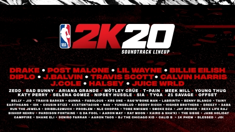 2K today announced that NBA® 2K20, the next iteration of the top-rated and top-selling NBA video game simulation series of the past 18 years, is launching their most expansive soundtrack to date with 50 tracks from artists such as Drake, Meek Mill, Billie Eilish, Post Malone and the late Nipsey Hussle. (Graphic: Business Wire)