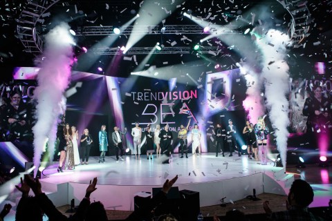 Courtesy of Adam Adolphus Winners from COTY Professional's Beauty Envision Awards presented by TrendVision celebrate on stage with Carole Protat Sr. Director Brand Education, North America COTY Professional Beauty