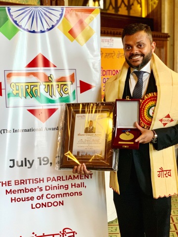 Swapnil Agarwal bestowed the Pride of India by British Parliament in 2019. (Photo: Business Wire)