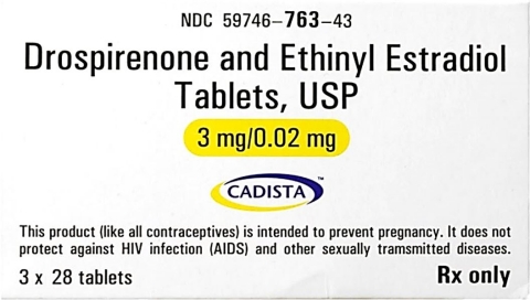 Drospirenone and Ethinyl Estradiol Tablets USP, 3 mg/0.02 mg carton showing Product Name, NDC Number, and Company Logo. (Photo: Business Wire)