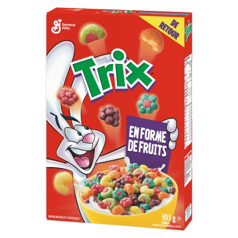 Les céréales Trix sont enfin de retour sur les rayons des magasins canadiens et offriront les mêmes formes fruitées emblématiques que celles des céréales Trix années 90 (90s Classic Trix Fruity Shapes)! (Photo: General Mills)