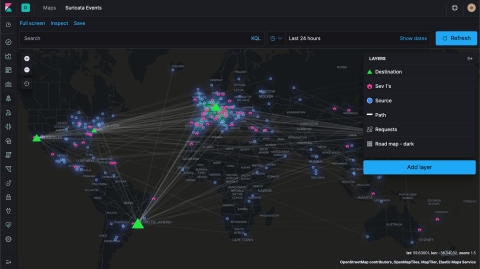 Visually mapping source and destination of security events with Elastic Maps. (Graphic: Business Wire)
