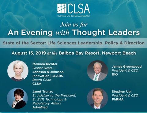 Featured Speakers for CLSA's Evening with Thought Leaders Program on August 13, 2019 in Orange County: James Greenwood, President & CEO, Biotechnology Innovation Organization (BIO); Stephen Ubl, President & CEO, Pharmaceutical Research and Manufacturers of America (PhRMA); Janet Trunzo, Sr. Advisor to the President, Sr. EVP, Technology & Regulatory Affairs, Advanced Medical Technology Association (AdvaMed); and Melinda Richter, Global Head, Johnson & Johnson Innovation | JLABS & Chair, CLSA Board of Directors (Graphic: Business Wire)