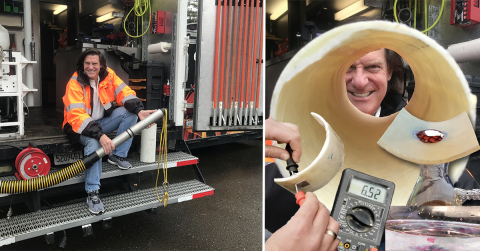 (Left) Chairman & CEO, Chuck Hansen sits on the back of one of his reengineered CCTV trucks used for electro scanning. (Right) Example tests of an exhumed lined pipe with leaks measured by Electro Scan, not easily seen by CCTV cameras. (Photo: Business Wire)