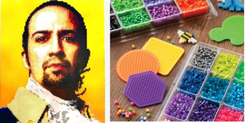 A portrait of Lin-Manuel Miranda made with Perler beads by pixel artist Kyle McCoy; Perler beads and colorful pegboards for kids crafts. (Photo: Business Wire)
