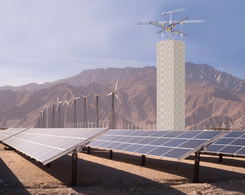Energy Vault storage tower with PV and wind storage. (Photo: Business Wire)
