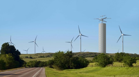 Energy Vault storage tower co-located with wind farm. (Photo: Business Wire)