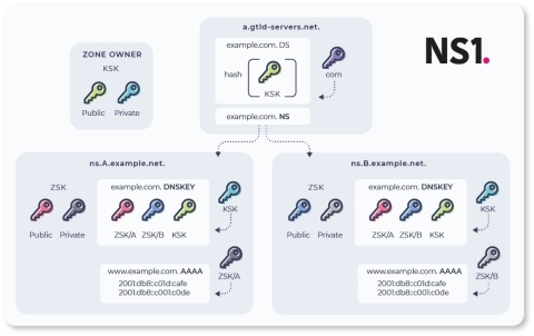 In the multi-signer DNSSEC implementation, each of the providers, A and B, has its own set of zone signing keys. NS1's REST API enables it to retrieve public keys used for signing and also allows publishing the final DNSKEY record set and its signatures. (Graphic: NS1)