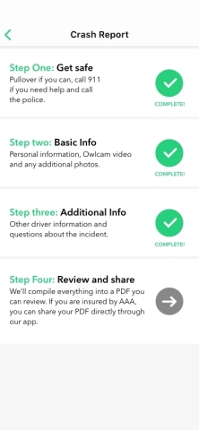 The Owlcam app leads the driver through a series of questions for the Crash Report, so they have the information they need to start a claim. (Graphic: Business Wire)