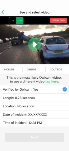 The Owlcam app allows users to include relevant HD footage, captured during road collisions and other incidents, in the Crash Report. All video evidence is hosted on a secure site that is available to only the Owlcam user and their insurer. (Graphic: Business Wire)