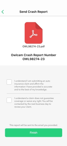 When complete, the driver can opt to submit the report directly to a participating AAA-affiliated insurer or receive the Crash Report as a PDF over email to forward to other insurers not yet integrated with Owlcam. (Graphic: Business Wire)