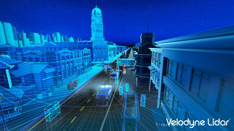 Point Cloud generated by the Velodyne Alpha Puck™, which can simultaneously locate the position of people and objects around a vehicle and assess the speed and route at which they are moving. (Photo: Business Wire)