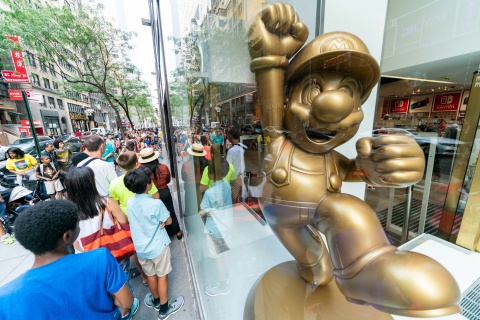 In this photo provided by Nintendo of America, families line up to celebrate the start of the back-to-school season during a special event at the Nintendo NY store in Rockefeller Plaza on Aug. 18, 2019. (Photo: Business Wire)