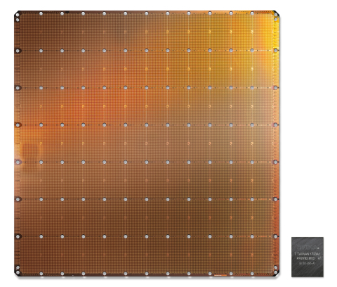 The Cerebras Wafer-Scale Engine (WSE) is the largest chip ever built. It measures 46,225 square millimeters and includes 1.2 trillion transistors. Optimized for artificial intelligence compute, the WSE is shown here for comparison alongside the largest graphics processing unit. (Photo: Business Wire)