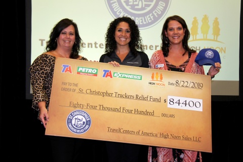 TA check presentation to SCF at 2019 GATS. From left: Shannon Currier, Director of Philanthropy and Development, SCF; Tina Arundel, Corporate Communications Manager, TravelCenters of America; Donna Kennedy, Executive Director, SCF (Photo: Business Wire)