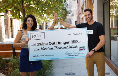 Soylent CEO Brian Crowley with Swipe Out Hunger Founder + CEO Rachel Sumekh (Photo: Business Wire)