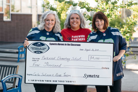 Symetra and the Seattle Seahawks kicked off the 14th season of Symetra Heroes in the Classroom® on Aug. 26 with a first for the teacher-recognition program, simultaneously honoring not one but two teachers from the same school in Shoreline, Wash. Parkwood Elementary School kindergarten teacher Carla Salmon (left) and third grade teacher Renee Iverson (right) are congratulated by Principal Ann Torres (center). Iverson and Salmon are among the 16 K–12 Puget Sound-area teachers that will be honored for educational excellence by the Symetra Heroes in the Classroom program during the 2019 NFL season. (Photo: Business Wire)