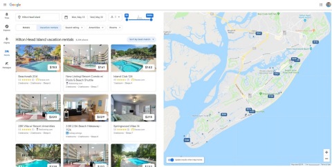 A Google search results page shows Vacasa vacation homes available on Hilton Head Island. (Photo: Business Wire)