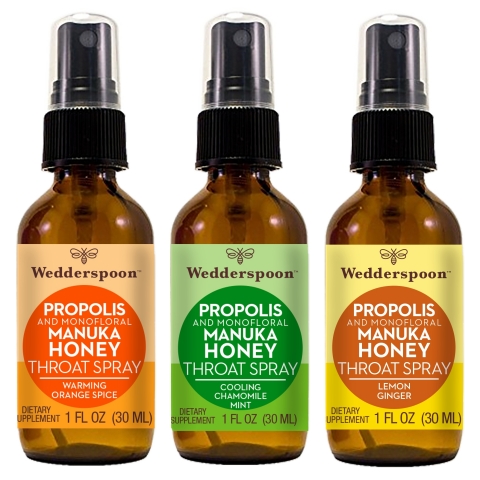 Wedderspoon Propolis and Monofloral Manuka Honey Throat Spray: Warming Orange Spice, Cooling Chamomile Mint, and Lemon Ginger (Photo: Business Wire)