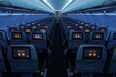 Sky blue mood lighting and uplifting boarding music will create a laid-back and fun ambiance as customers make their way onto the A321neo. (Photo: Business Wire)