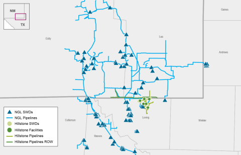 Pro Forma Northern Delaware Basin Asset Map includes existing assets, assets under construction, pipelines and pipeline rights of way. (Photo: Business Wire)