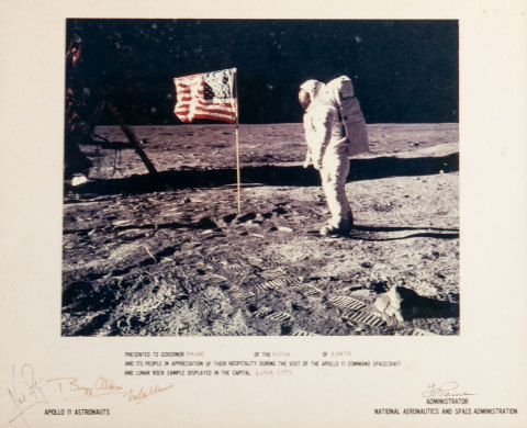 This framed photograph "Man on the Moon” signed by Apollo 11 astronauts Neil Armstrong, Buzz Aldrin and Michael Collins will be among the U.S. space program memorabilia offered at Abell Auction Company's Oct. 6 live and online sale. (Photo: Business Wire)