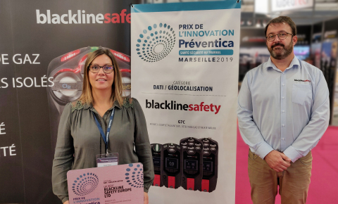Aude Petit and José Leveque from Blackline Safety accept the Préventica Prize for Innovation in Marseille, France (Photo: Business Wire)